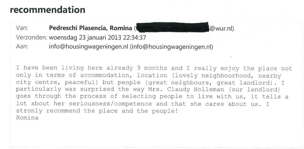 Recommendation Review Romina 2013 www.HousingWageningen.nl