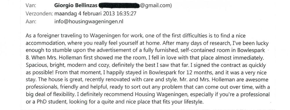 Recommendation Review Giorgio 2012 www.HousingWageningen.nl